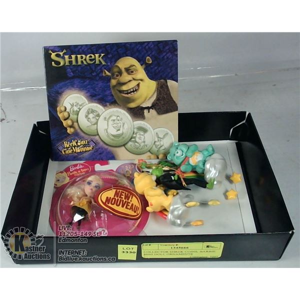 COLLECTOR SHREK COINS, BARBIE MINI DOLL ORNAMENTS