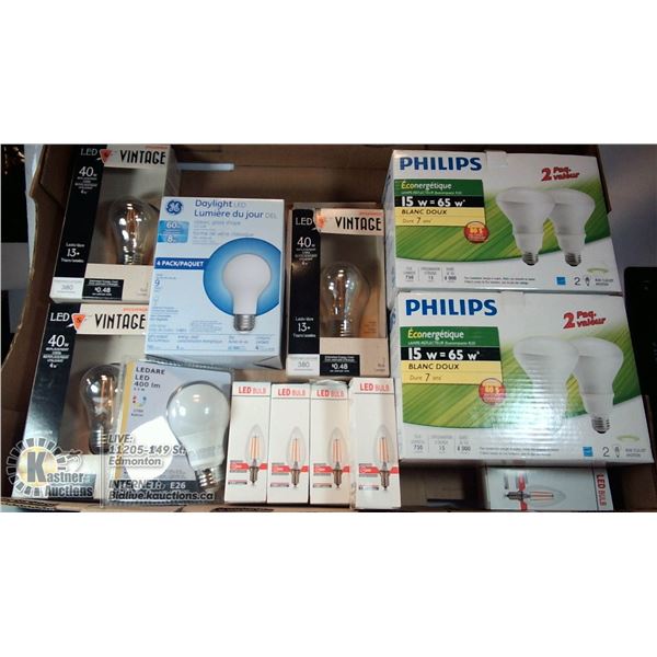LARGE FLAT OF VARIOUS WATTAGE AND HUE LIGHTBULBS.