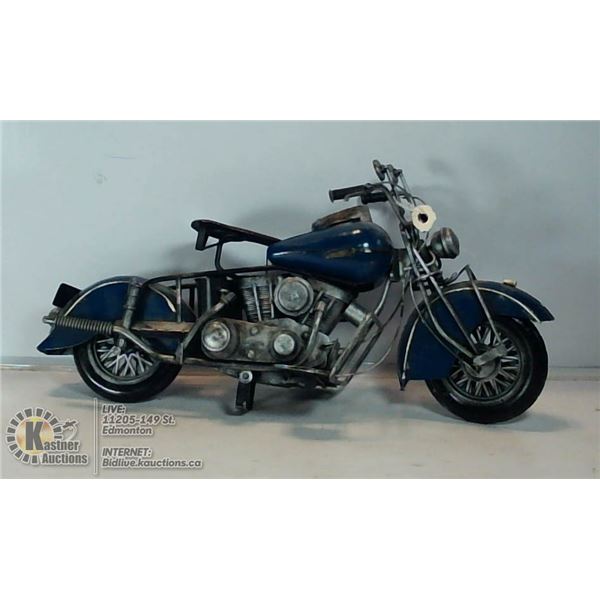 VINTAGE METAL AND BLUE MOTORBIKE STATUE