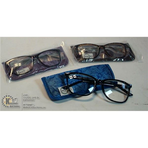 NEW DESIGN OPTICS READING GLASSES 3 PACK W/ CASES