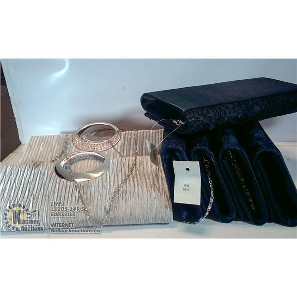 LOT OF 8 CLUTCH/CROSS BODY PURSES. 3 SILVER, 1 BLK