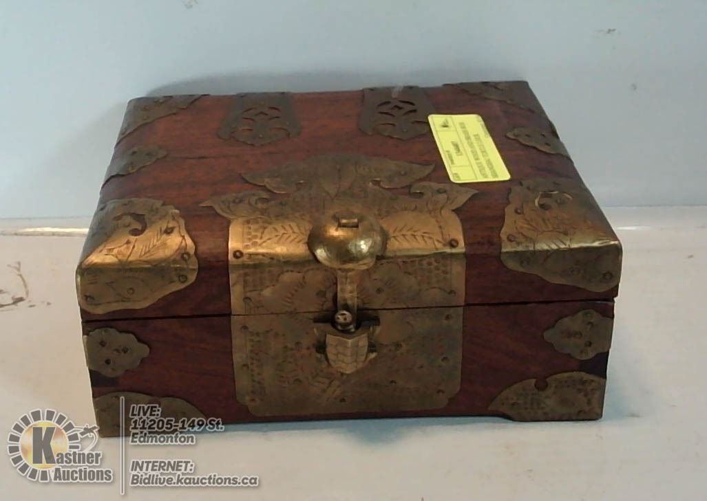 ANTIQUE WOOD AND BRASS BOX SHANGHAI TURTLE LOCK