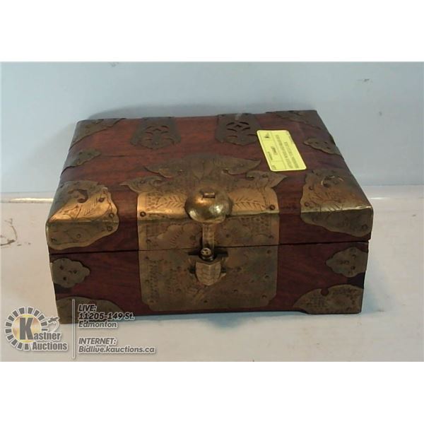 ANTIQUE WOOD AND BRASS BOX SHANGHAI TURTLE LOCK