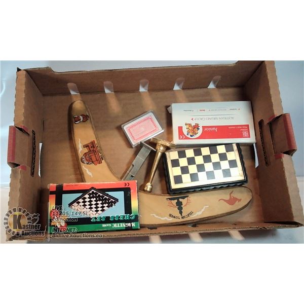 FLAT OF TRAVEL GAMES, CARDS, AUTHENTIC WOOD