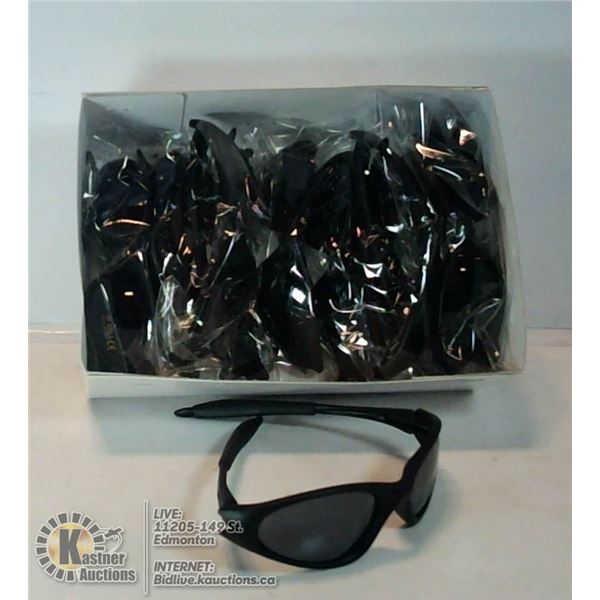 BOX OF MATTE BLACK COMFORT EAR 400 UV SUNGLASSES