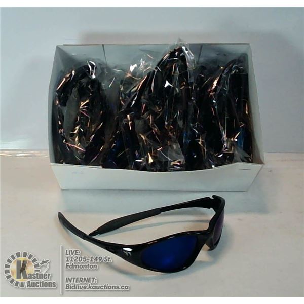 BOX OF BLUE LENS MATTE BLACK 400UV SUNGLASSES.