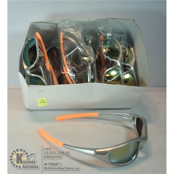 BOX OF ORANGE AND SILVER REFLECTIVE SUNGLASSES.