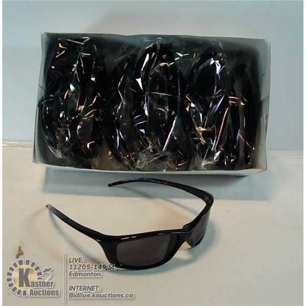 BOX OF NARROW FRAME SLEEK BLACK SUNGLASSES.