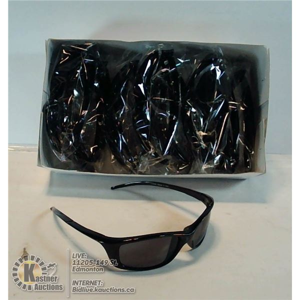 BOX OF NARROW FRAME SLEEK BLACK SUNGLASSES.