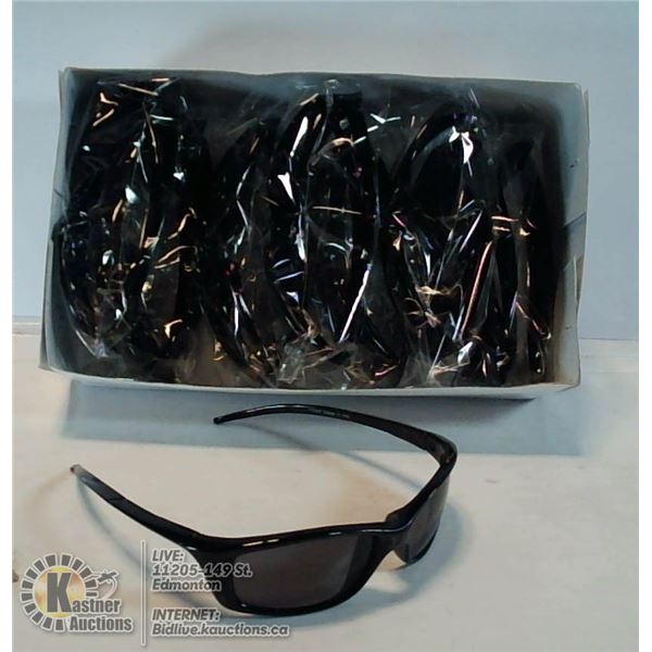 BOX OF NARROW FRAME SLEEK BLACK SUNGLASSES.
