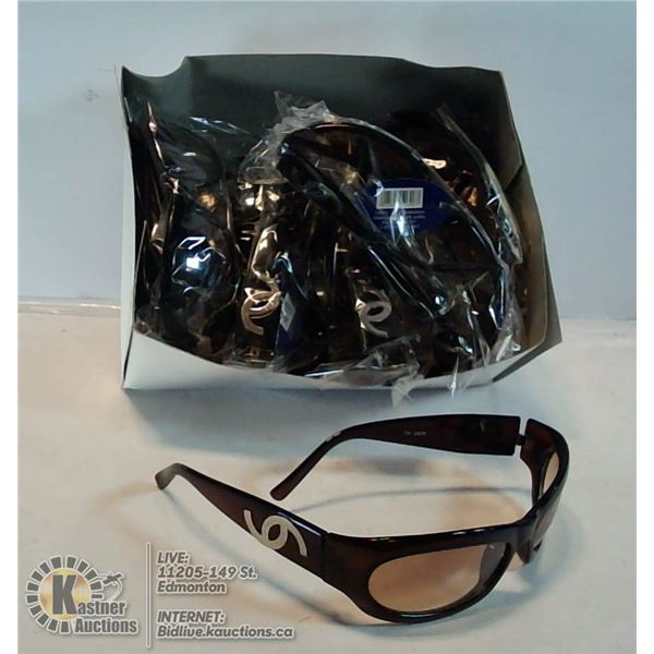 BOX OF CLEAR LENS DESIGNER STYLE SUNGLASSES.