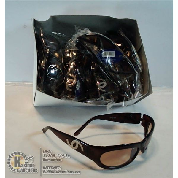 BOX OF CLEAR LENS DESIGNER STYLE SUNGLASSES.