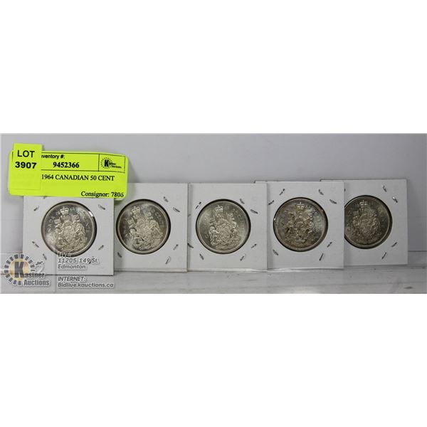 LOT OF 5 1964 CANADIAN 50 CENT COINS