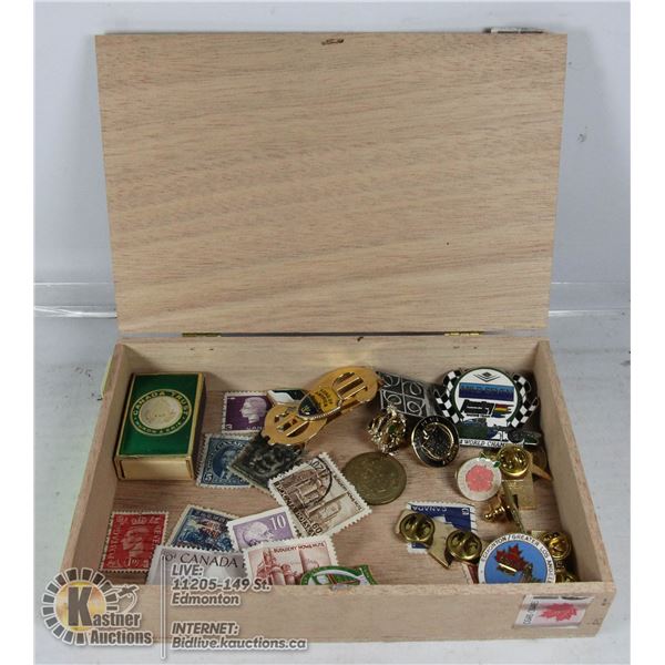 CIGAR BOX /W PINS, COIN & STAMPS