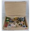 Image 1 : CIGAR BOX /W PINS, COIN & STAMPS