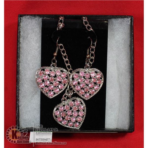 PINK HEART RHINESTONES NECKLACE WITH EARRINGS SET