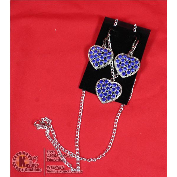 BLUE HEART RHINESTONE NECKLACE AND EARRING SET