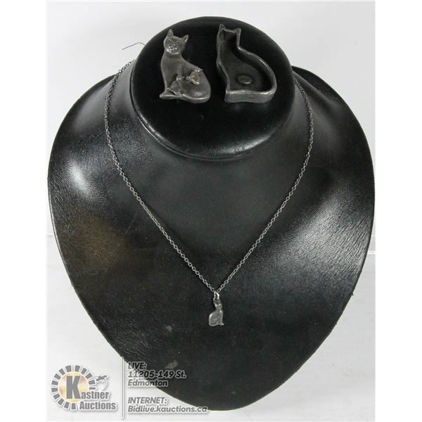 PEWTER KITTY BROOCH NECKLACE AND EARRING SET