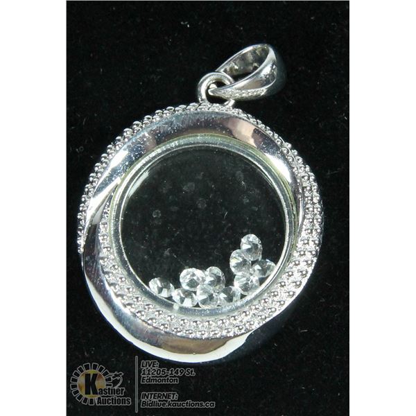 SILVERTONE ROUND PENDANT WITH FLOATING CRYSTALS