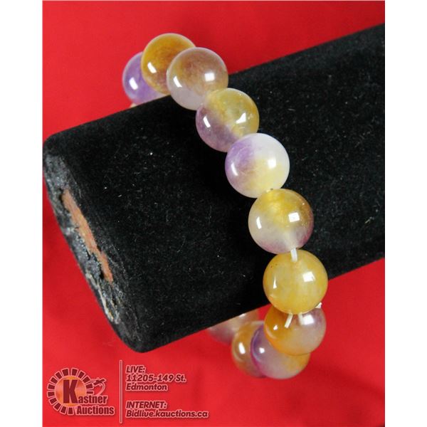 #238- NATURAL YELLOW & PURPLE  JADE BEAD BRACELET