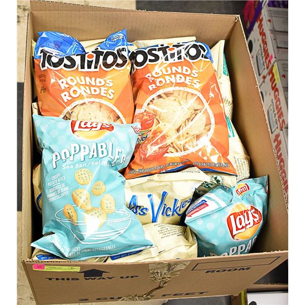 BOX LOT OF TOSTITOS AND MISS VICKIES CHIPS