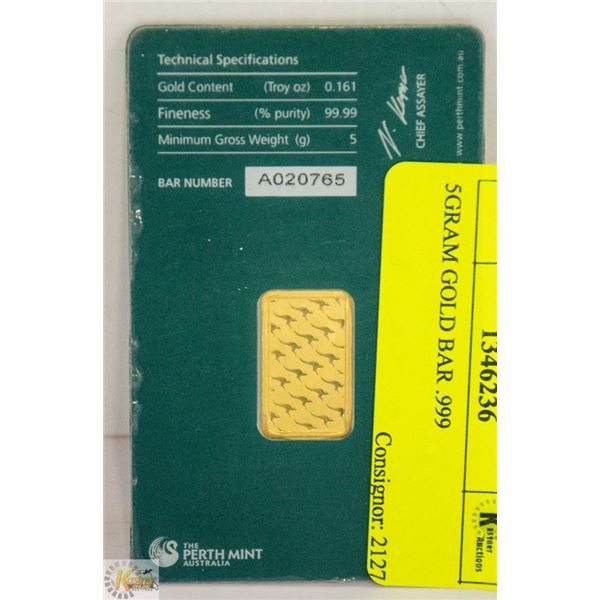 5 GRAM GOLD BAR .999