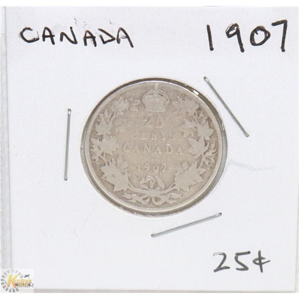 CANADIAN 1907 TWENTY FIVE CENT SILVER COIN.