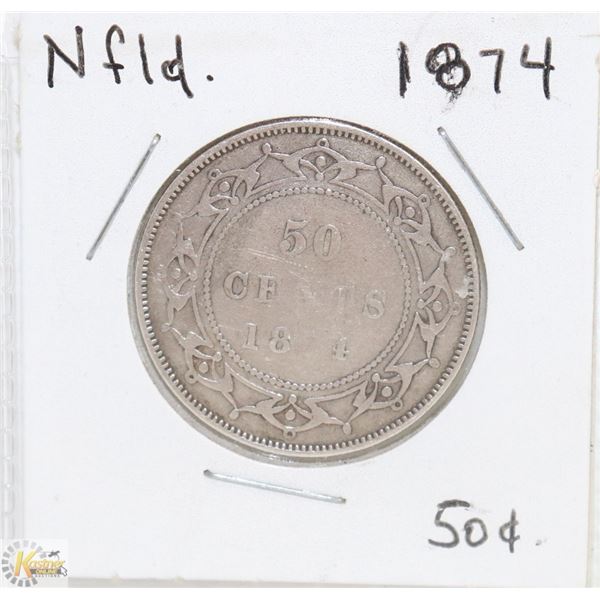 NEWFOUNDLAND 1874 FIFTY CENT SILVER COIN.