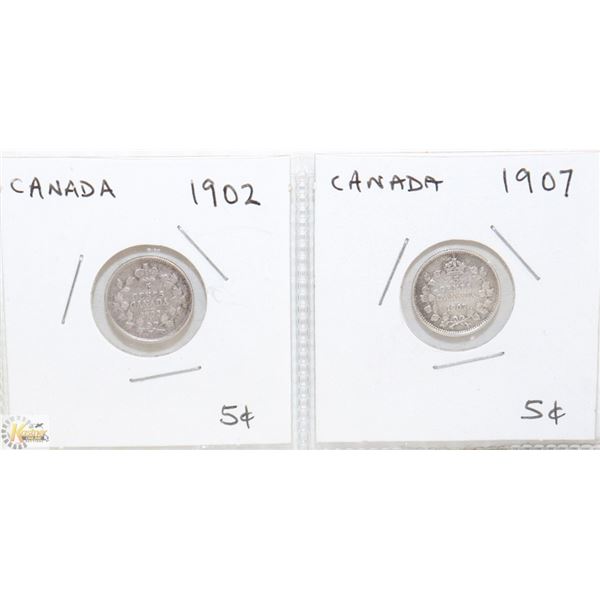 CANADA 1902 AND 1907 FIVE CENT SILVER COINS.