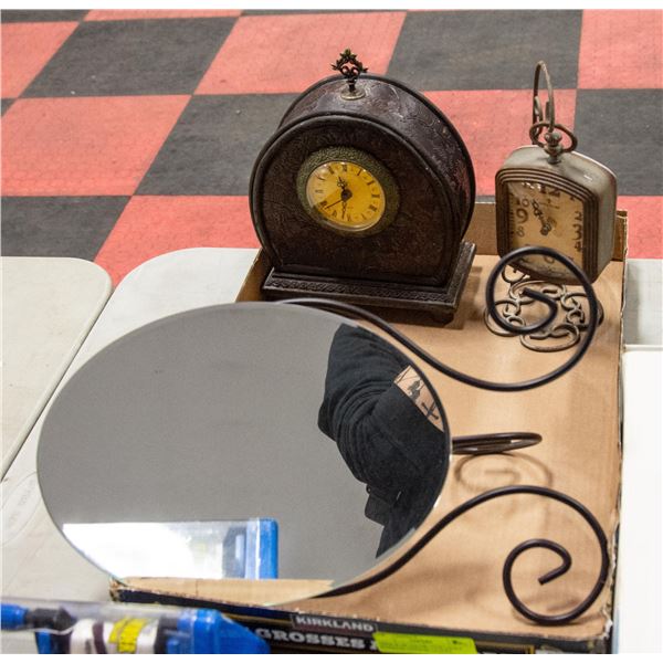 MIRROR ON DECORATIVE LEGS 2 WORKING VINTAGE CLOCKS