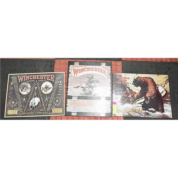 THREE 16 X 13 INCHES ADVENTURE TIN SIGNS