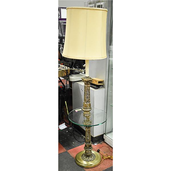 ANTIQUE METAL FLOOR LAMP WITH GLASS CENTRE TABLE