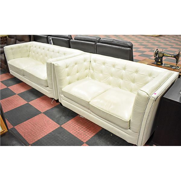 WHITE LEATHER NAILHEAD SOFA WITH LOVESEAT,