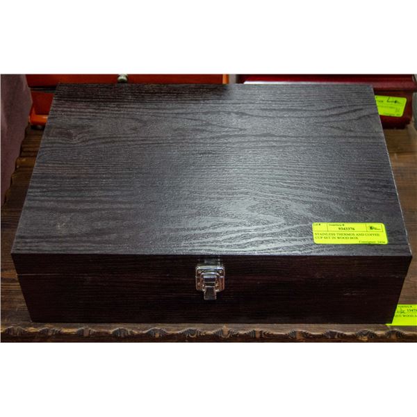 STAINLESS THERMOS AND COFFEE CUP SET IN WOOD BOX