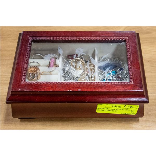 JEWELLERY BOX WITH ETCHED GLASS TOP FULL OF