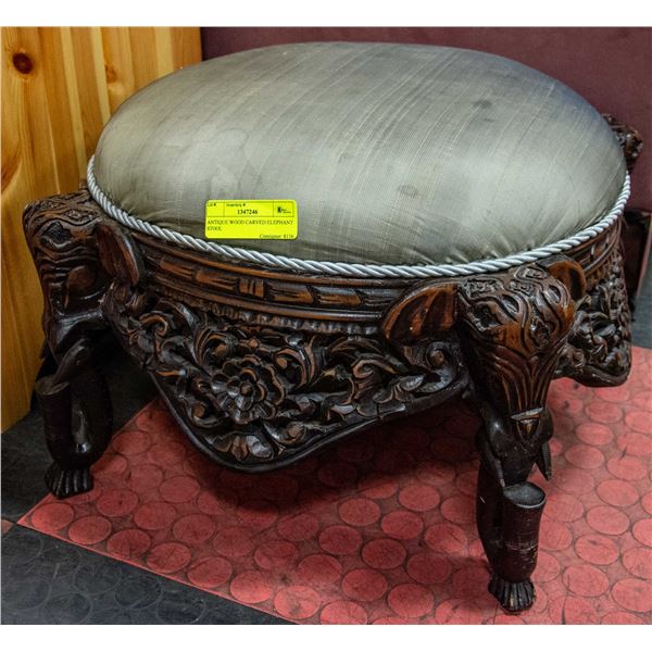 ANTIQUE WOOD CARVED ELEPHANT STOOL