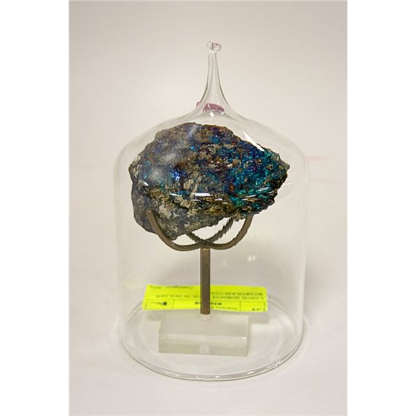 LARGE BORNITE ROCK IN HOLDER WITH GLASS COVER