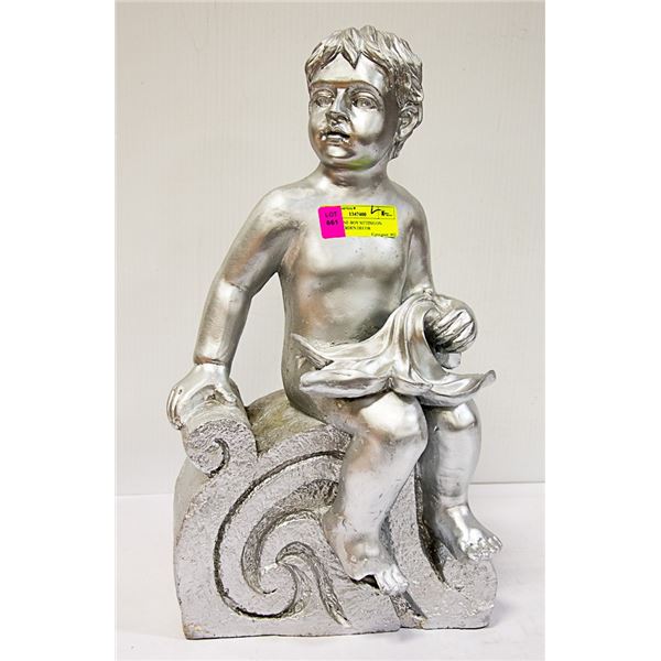SILVERTONE BOY SITTING ON BENCH GARDEN DECOR