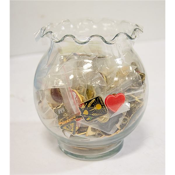 ROSE BOWL FILLED W/ VINTAGE LAPEL PINS