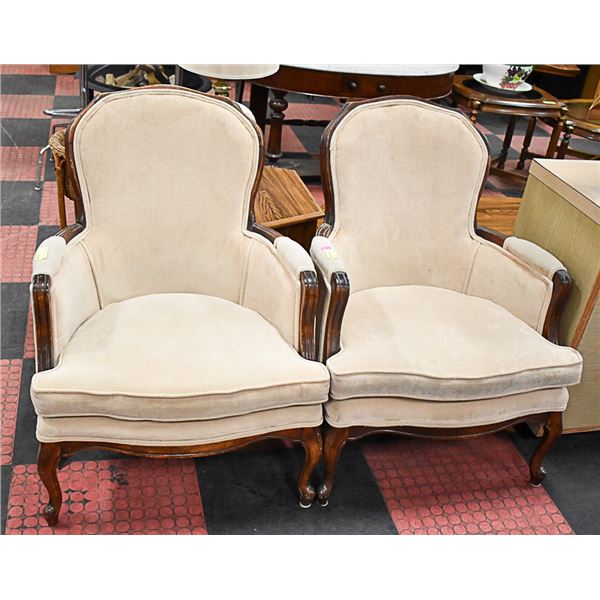 LOT OF 2 TAN FABRIC & WOOD PARLOUR CHAIRS