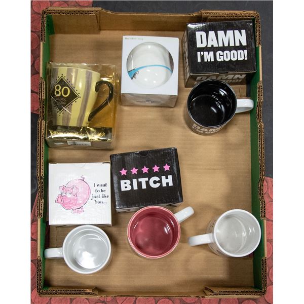 6 NEW COLLECTOR NOVELTY MUGS.