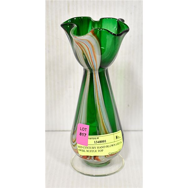 MID CENTURY HAND BLOWN GREEN SWIRL RUFFLE TOP