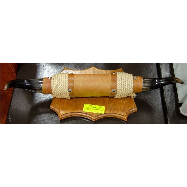 WALL MOUNT LEATHER WRAPPED BULL HORNS