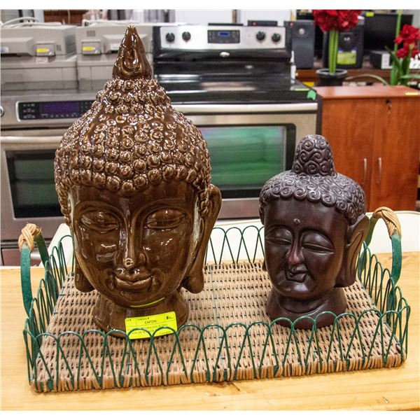 2 LARGE DECORATIVE BUDHA HEADS ON WICKER TRAY,