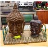 Image 1 : 2 LARGE DECORATIVE BUDHA HEADS ON WICKER TRAY,