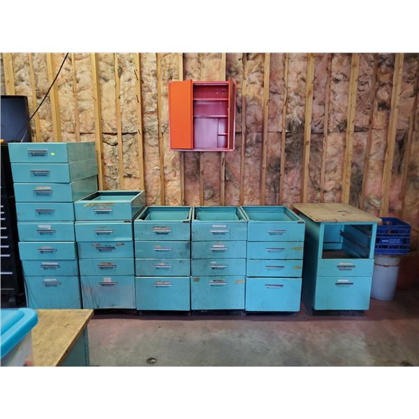 LARGE LOT OF METAL BASE GARAGECABINET DRAWERS