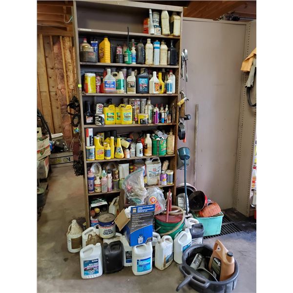 LARGE SHELF LOT OF VARIOUS OILS, LUBRICANTS AND