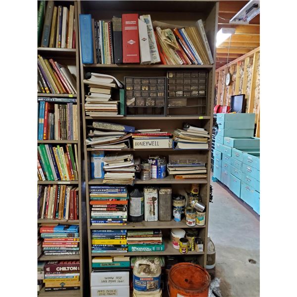 SHELF LOT OF ASSORTED VEHICLE SERVICE MANUALS.