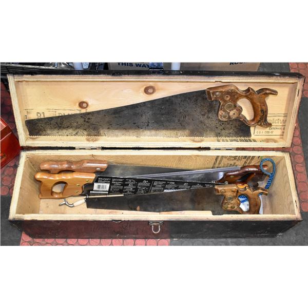 WOODEN TOOLBOX WITH VARIETY OF HAND SAWS