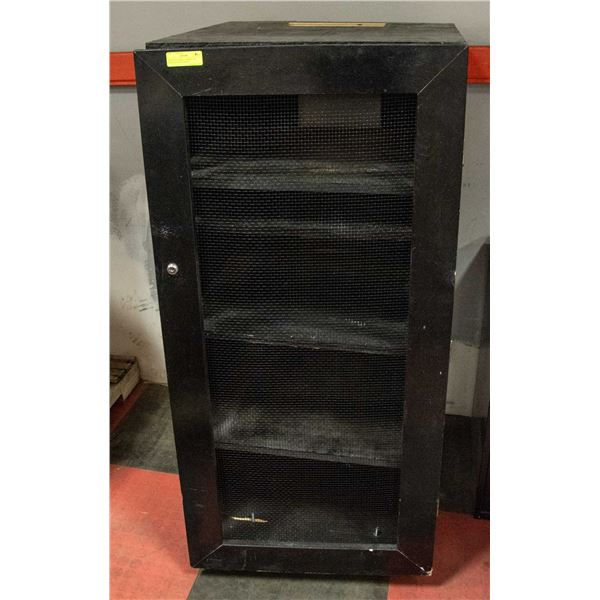 WOODEN STEREO CABINET ON WHEELS WITH 5 SLOTS